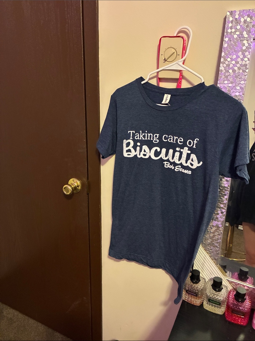 Taking Care of Biscuits' Navy Blue Graphic Tee
Bought at a restaurant, Bob Evans